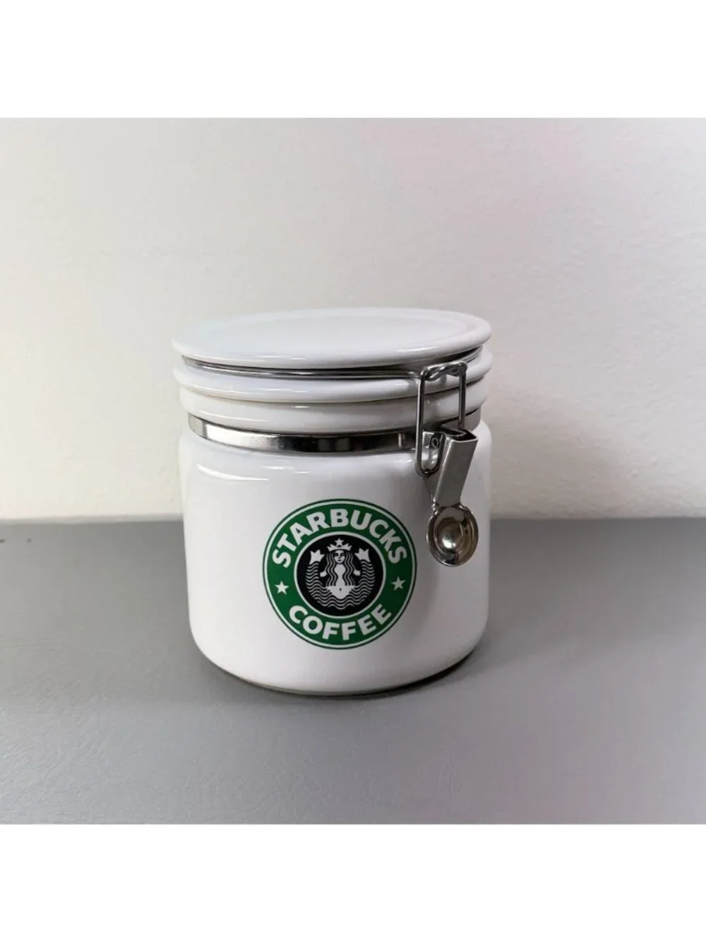 Vintage Starbucks Coffee White Ceramic Clamp Lid Canister Jar Bee House Japan
